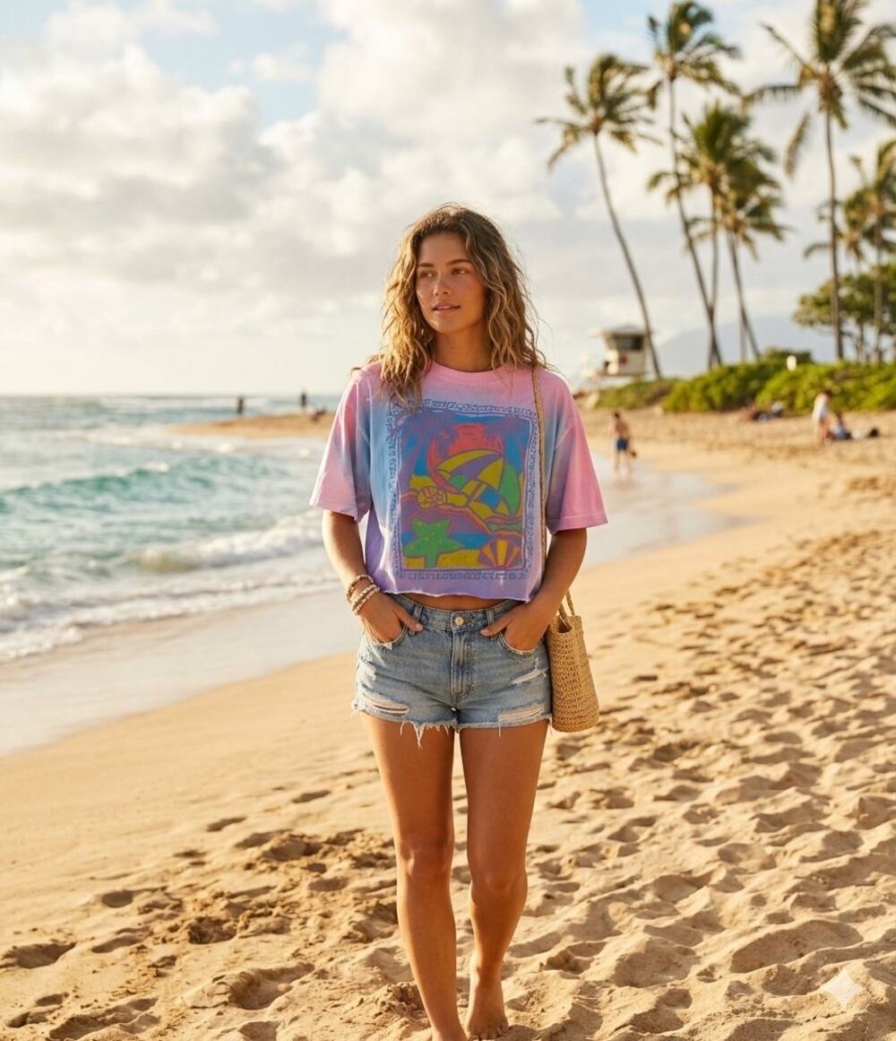 Vintage Tie Dyed Beach T-shirt Cropped Single Stitch Womens One Size